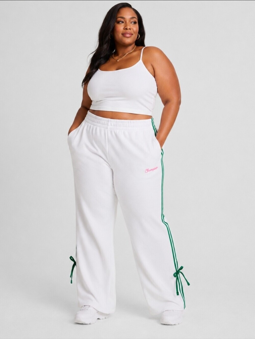 Champion Women's In the Stands Side-Tie Pants in white, featuring green SIZE 3X
